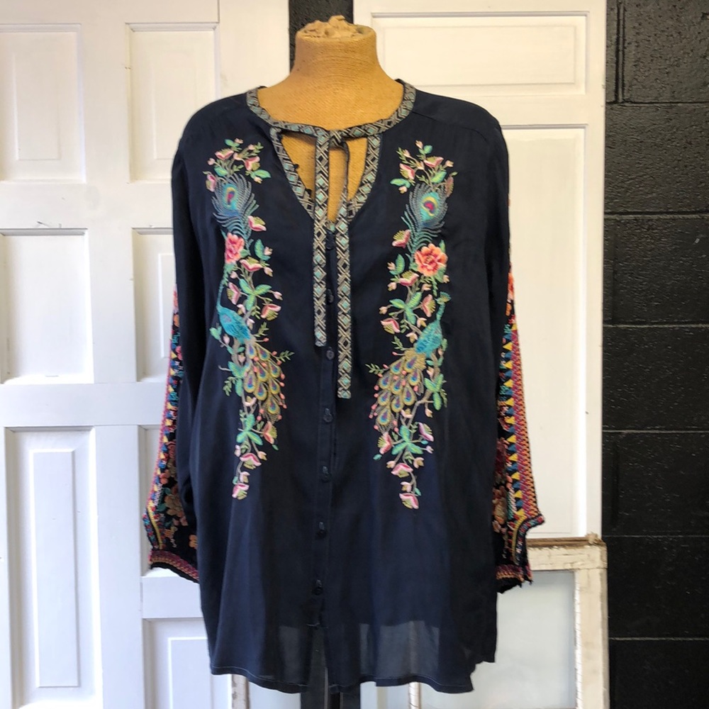 Johnny Was Cupra Rayon Button Up Top Navy Blue Lg